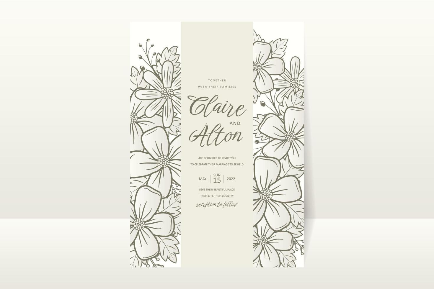 Wedding invitation template with floral outline decoration vector