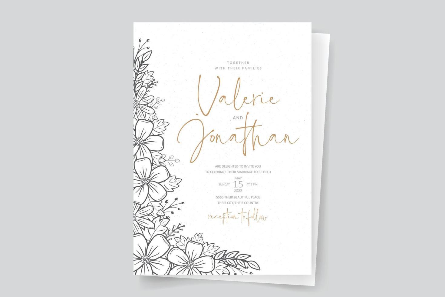 Wedding invitation template with floral outline decoration vector