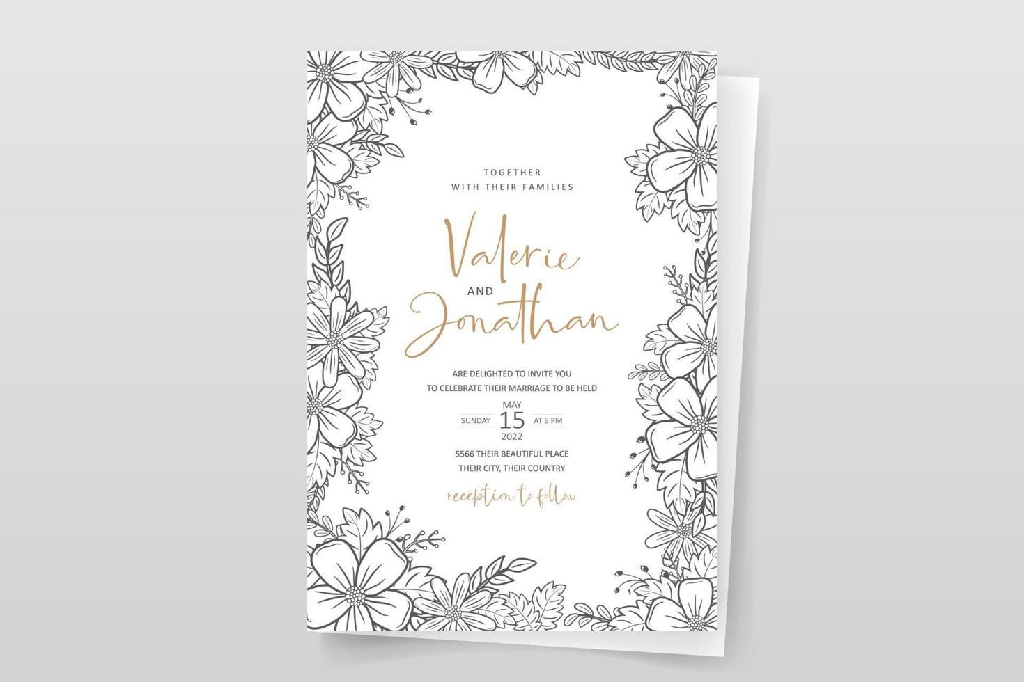 Wedding invitation template with floral outline decoration vector