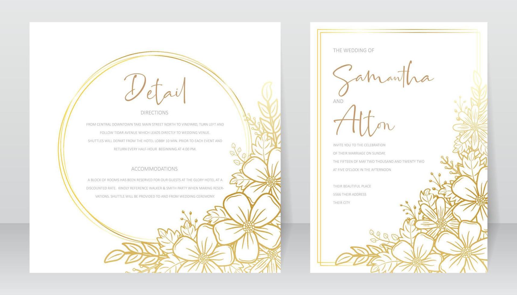 Wedding invitation template with floral outline decoration vector