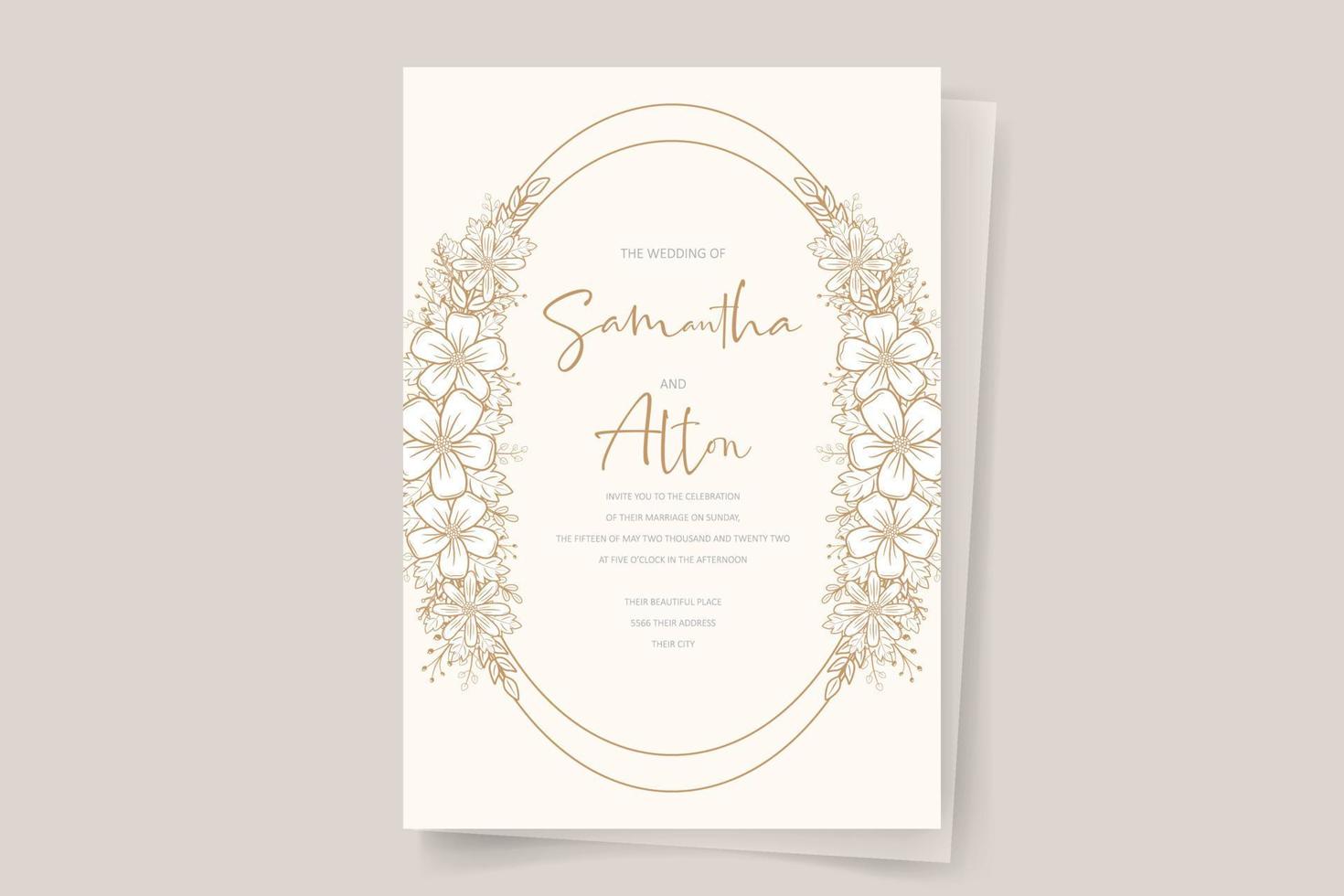 Wedding invitation template with floral outline decoration vector