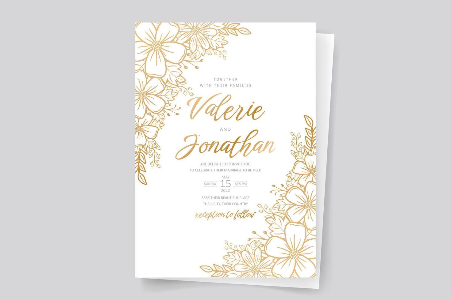 plantilla de invitación de boda con decoración de contorno floral vector