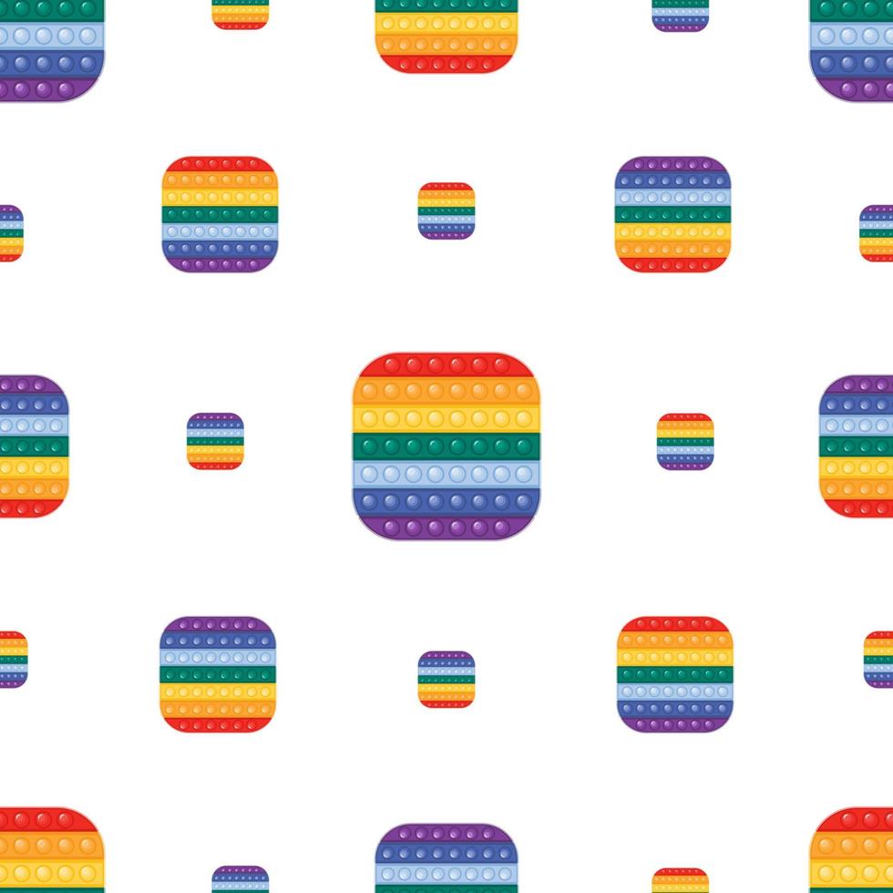 Vector seamless pattern with trendy Pop it fidget toy in rainbow colors. Square shaped plaything with push bubbles, antistress toy for kids and adults.