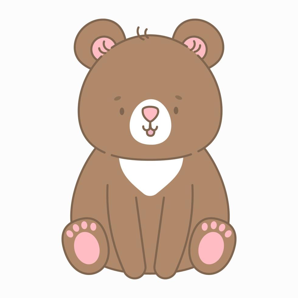 Sitting bear vector illustration. Cute animal in flat style. Pastel pink and brown colours. Kids childish design. Nursery funny illustration for babies. Wildlife animal character.