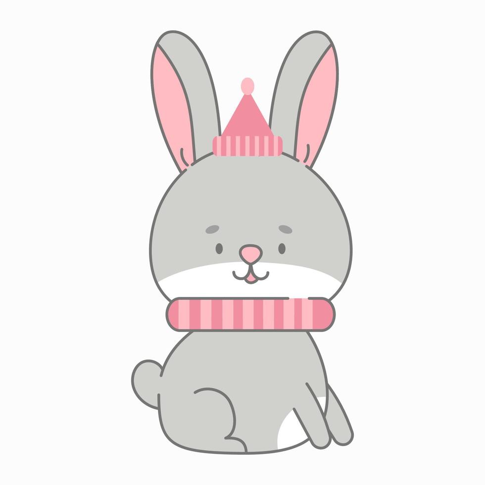 Sitting rabbit vector illustration. Cute animal in flat style. Pastel pink and grey colours. Hare kids childish design. Nursery funny bunny illustration for babies. Wildlife animal character.