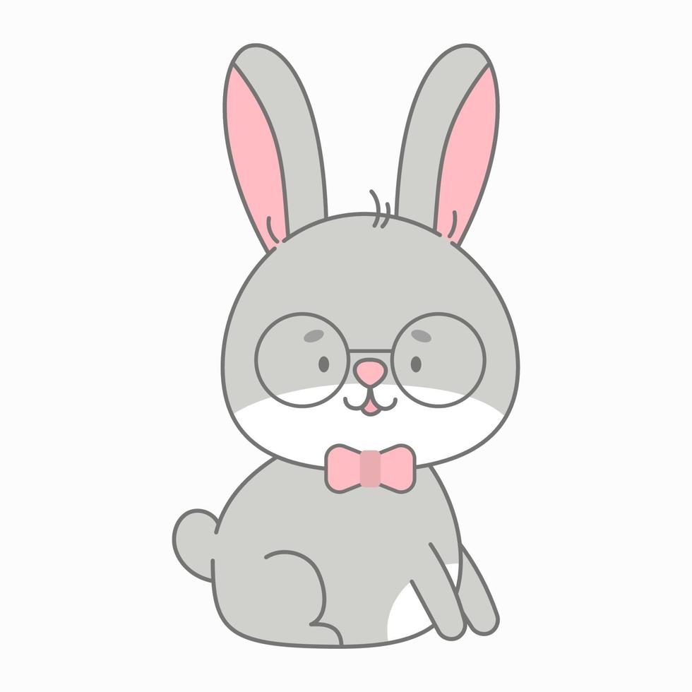 Sitting rabbit vector illustration. Cute animal in flat style. Pastel pink and grey colours. Hare kids childish design. Nursery funny bunny illustration for babies. Wildlife animal character.