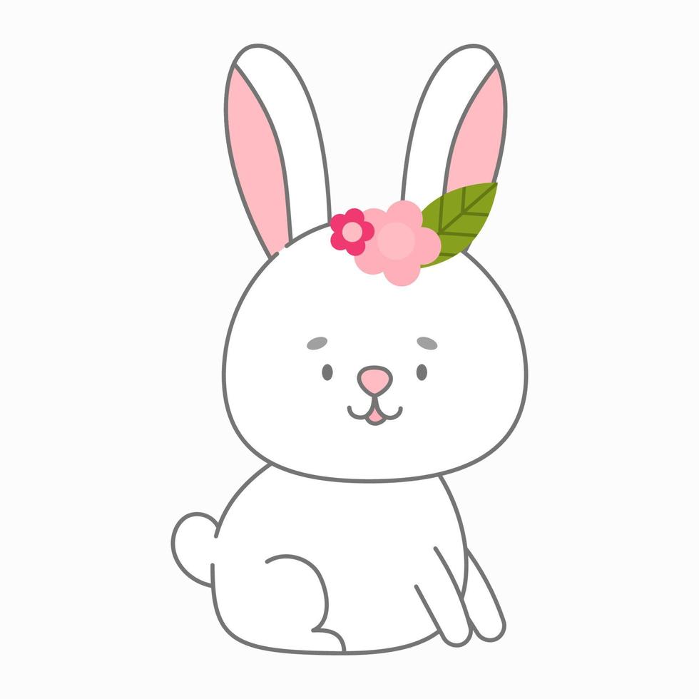 Sitting rabbit vector illustration. Cute animal in flat style. Pastel pink and grey colours. Hare kids childish design. Nursery funny bunny illustration for babies. Wildlife animal character.