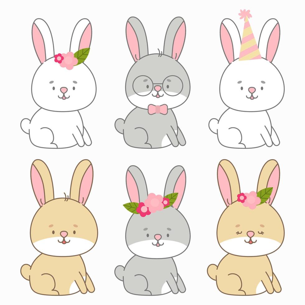 Set of rabbit vector illustration. Cute animal in flat style. Pastel pink and grey colours. Hare kids childish design. Nursery funny bunny illustration for babies. Wildlife animal character.