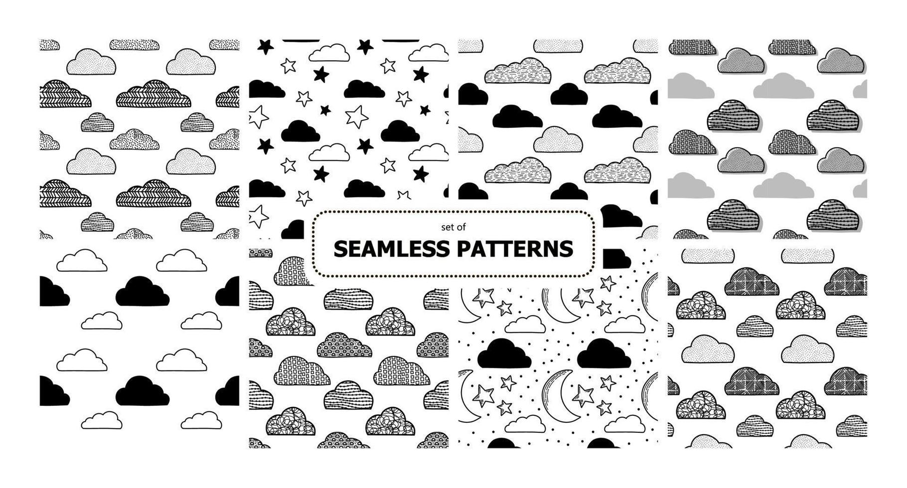 Set of vector background. Cloud, rainbow, heart, rain, sun, moon, water, drops. Pack of childhood seamless patterns. For printing on paper and fabric.