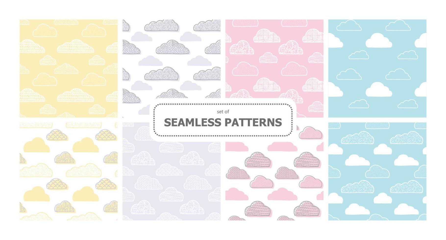 Set of vector background. Cloud, rainbow, heart, rain, sun, moon, water, drops. Pack of childhood seamless patterns. For printing on paper and fabric.
