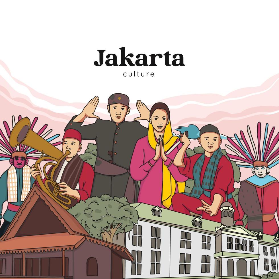 establecer la ilustración de Yakarta. fondo de culturas indonesias dibujadas a mano vector