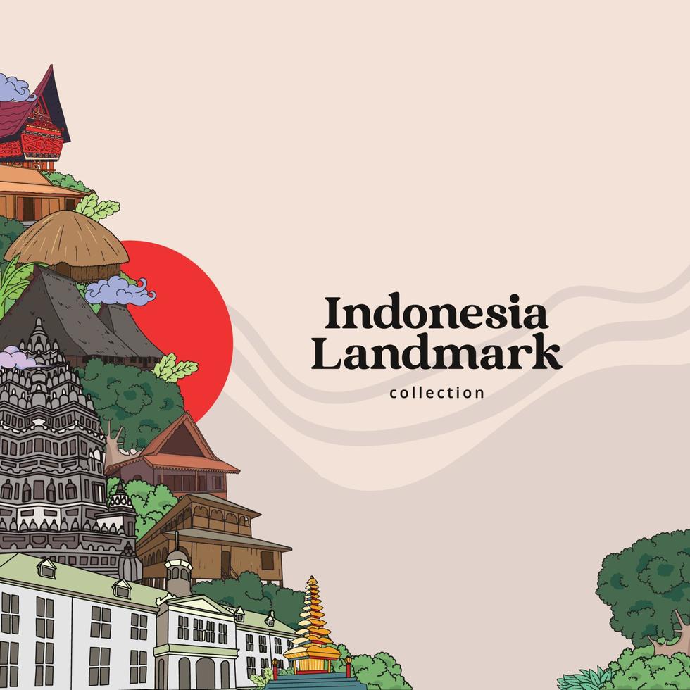 punto de referencia de indonesia. fondo de culturas indonesias dibujadas a mano vector