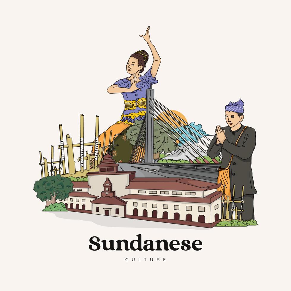 establecer ilustración sundanesa. Fondo de culturas indonesias dibujado a mano. vector