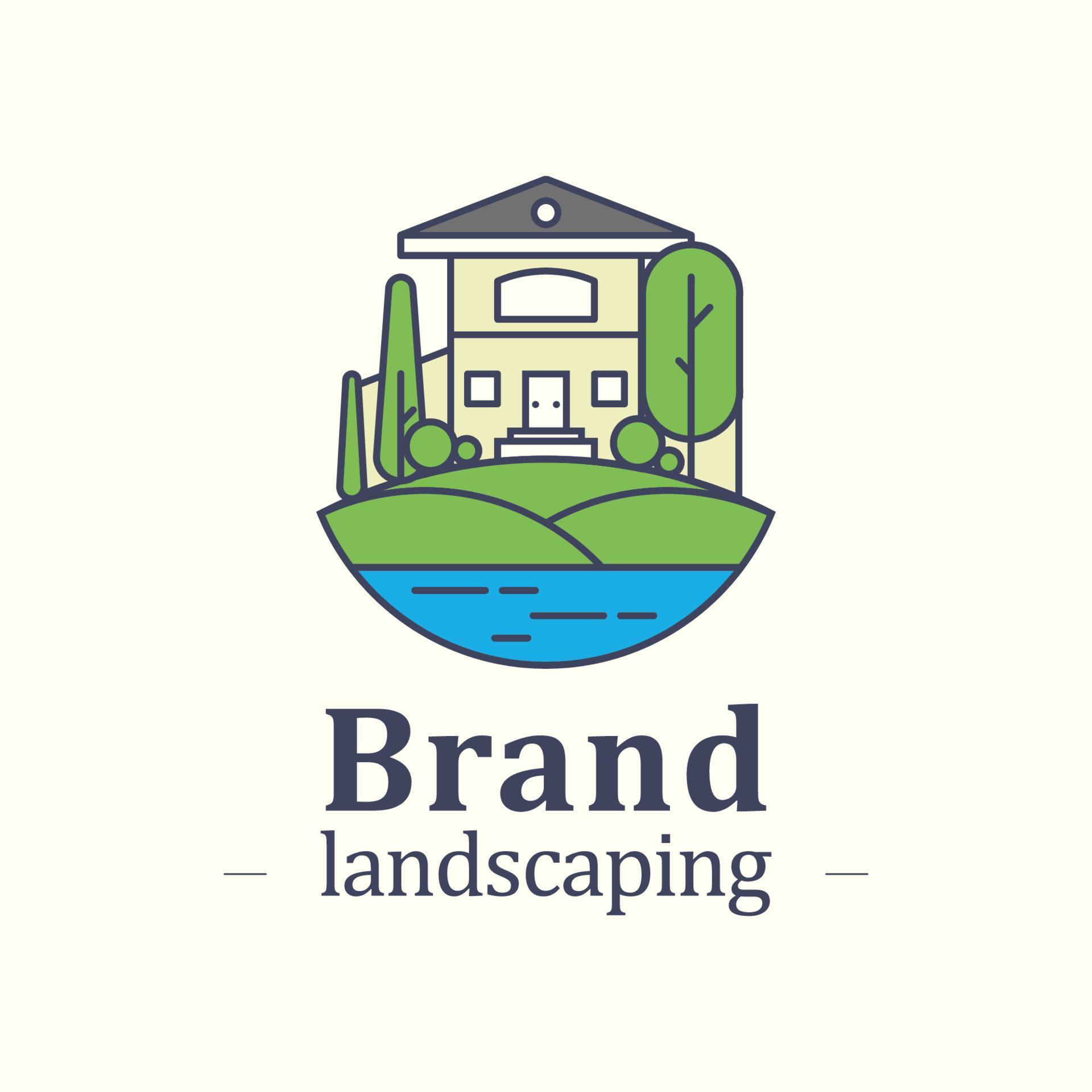 Landscaping Logo with Tree river and House 5592007 Vector Art at Vecteezy