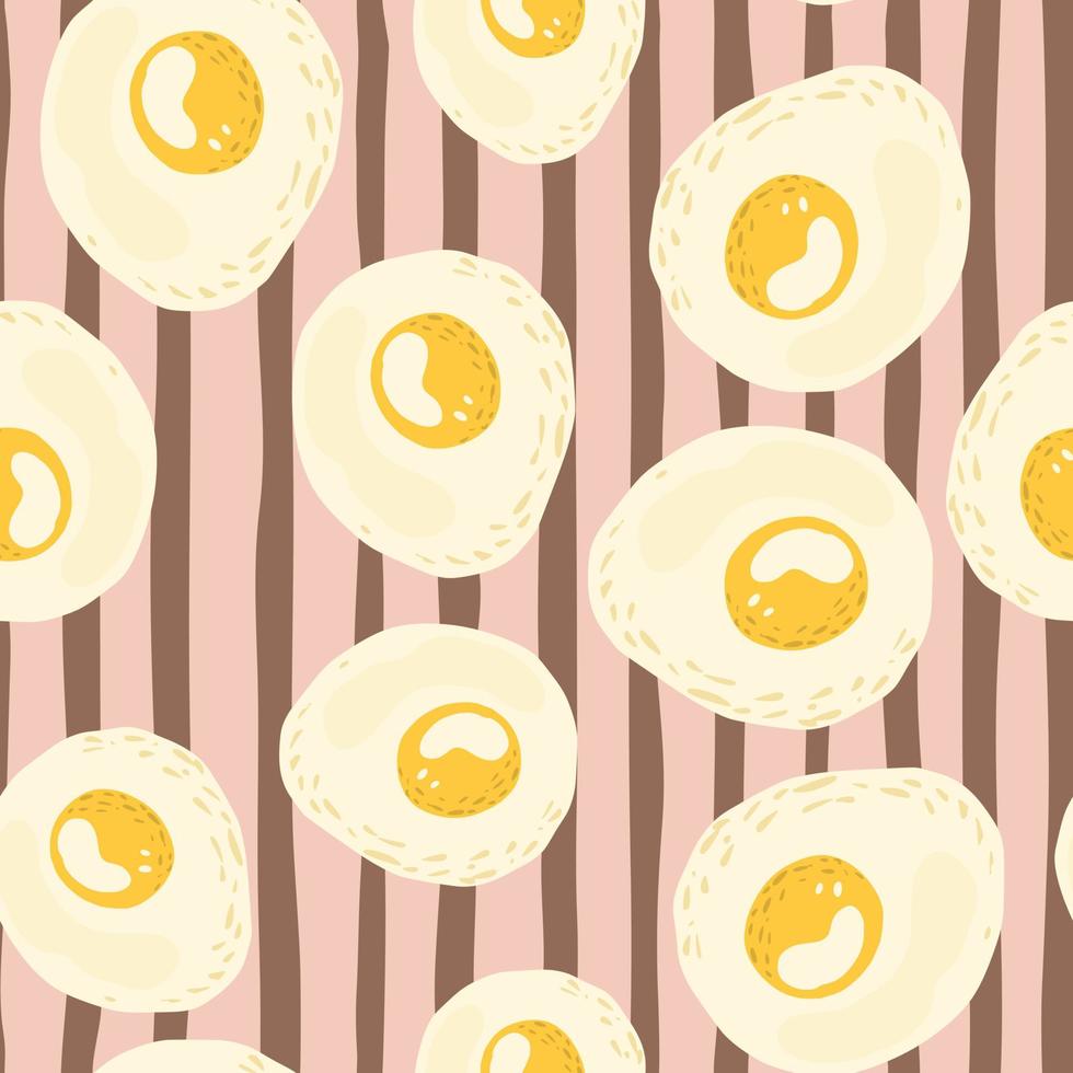 Seamless random pattern with omelette doodle silhouettes. Lilac and purple colored stripped background. Brunch backdrop. vector