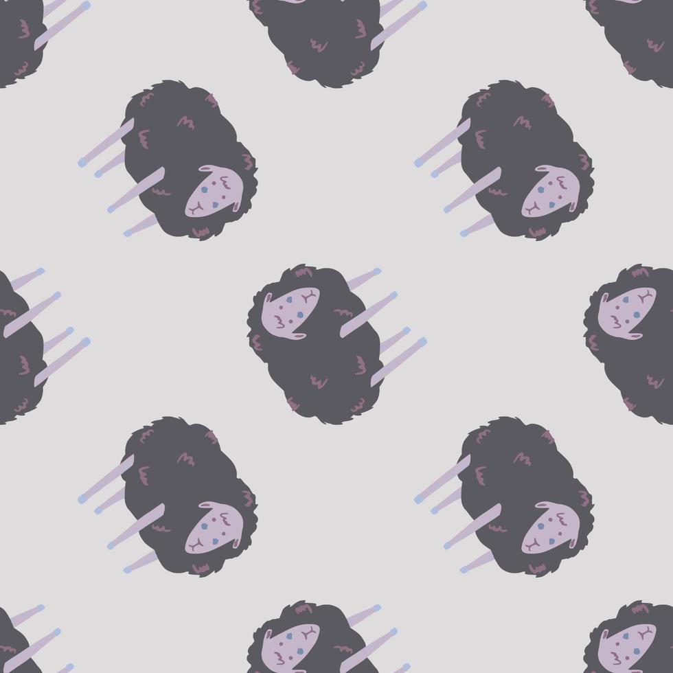 Sheep doodle silhouettes seamless pattern. Animal simple print in purple colors on light grey background. Cartoon childish backdrop. vector