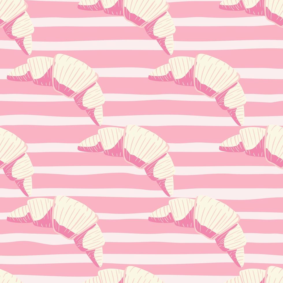 Flat food ornament seamless pattern with croissants doodle silhouettes. Delicious france desserts on stripped background. Pink and white palette. vector