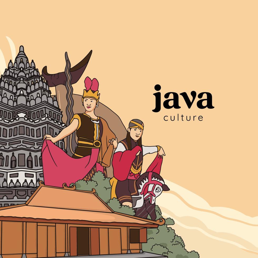 Set Javanese Illustration. Hand drawn Indonesian cultures background vector