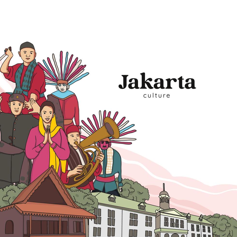 establecer la ilustración de Yakarta. fondo de culturas indonesias dibujadas a mano vector