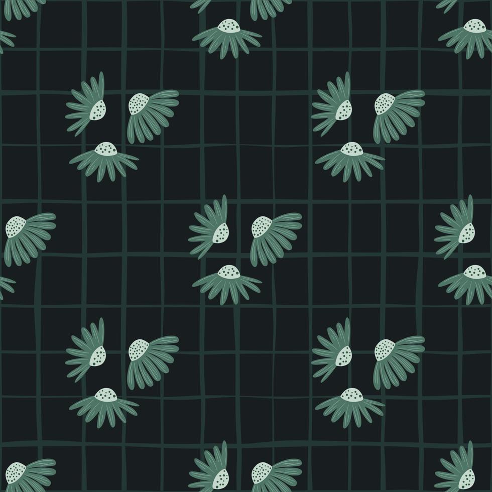 Diagonal abstract chamomile flowers ornament seamless doodle pattern. Black background with check. vector