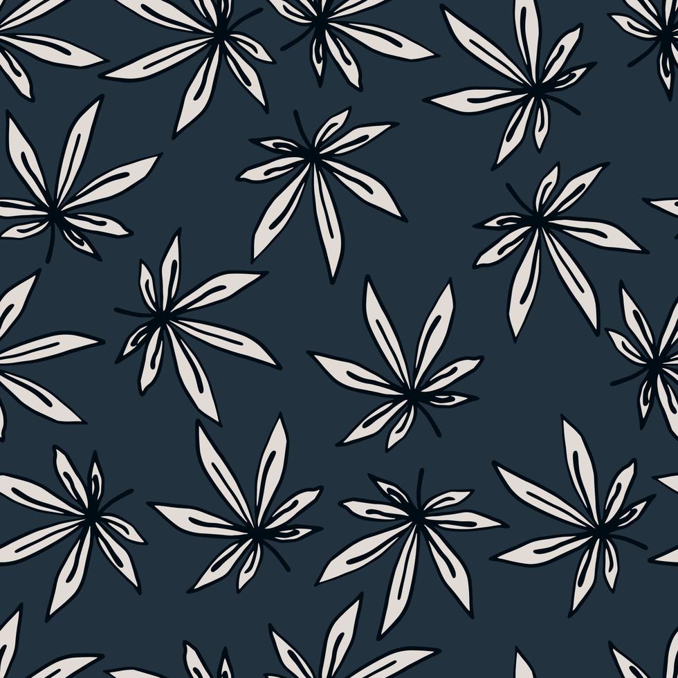 Seamless hand drawn pattern with outlined white sheet print. Cannabis leaves with dark contour on navy blue background. vector