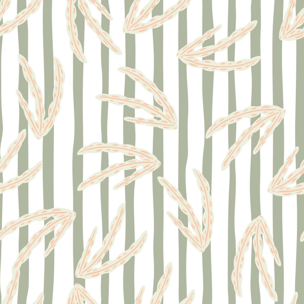 Organic seamless pattern with doodle seaweed elements. Striped background. Light tones. Botanic design print. vector