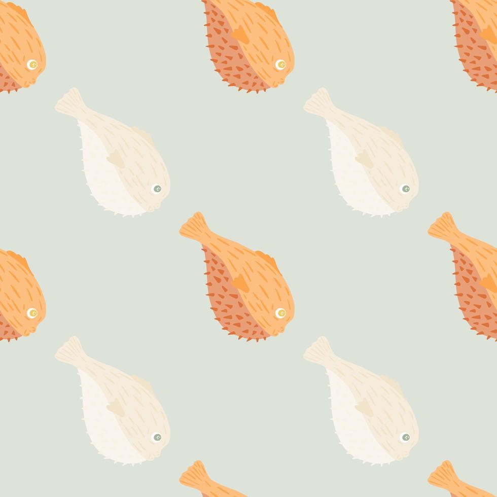 Scrapbook aqua seamless pattern with orange and white colored fugu fish print. Blue background. Seafood backdrop. vector