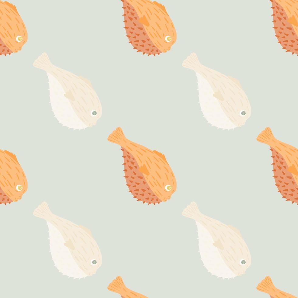 scrapbook aqua patrón sin costuras con estampado de peces fugu de color naranja y blanco. fondo azul. telón de fondo de mariscos. vector