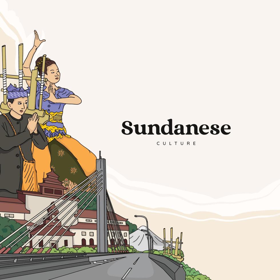 establecer ilustración sundanesa. Fondo de culturas indonesias dibujado a mano. vector