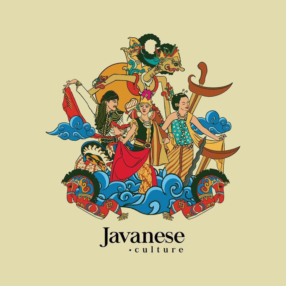 Set Javanese Illustration. Hand drawn Indonesian cultures background vector