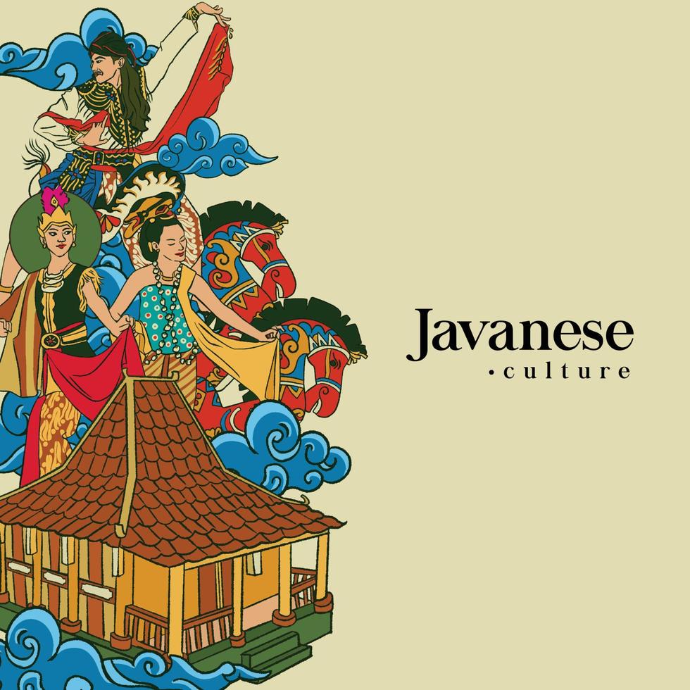 Set Javanese Illustration. Hand drawn Indonesian cultures background vector