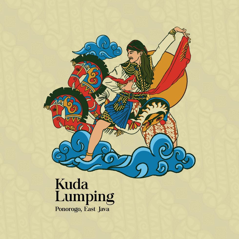 Javanese Dancer Illustration with Kuda Lumping or leathered horse. Hand drawn Indonesian cultures background vector