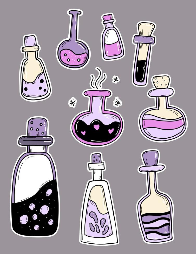 Isolated vector set of bottles with potions and love spells. Colored stickers for stickers of magical tinctures in a collection of various glass flasks and jars. Workshop of Witch