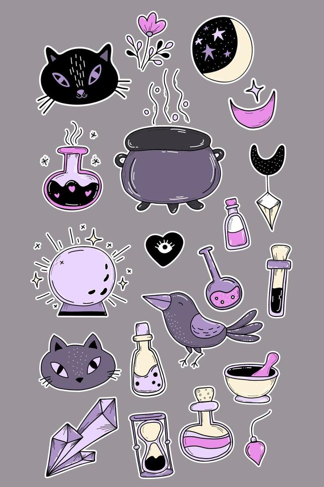 Collection of magical witchcraft amulets and charms for witches. Stickers with ritual objects, plants and animals, crystal and cauldron, cat and magic potion. Vector illustration, isolated elements