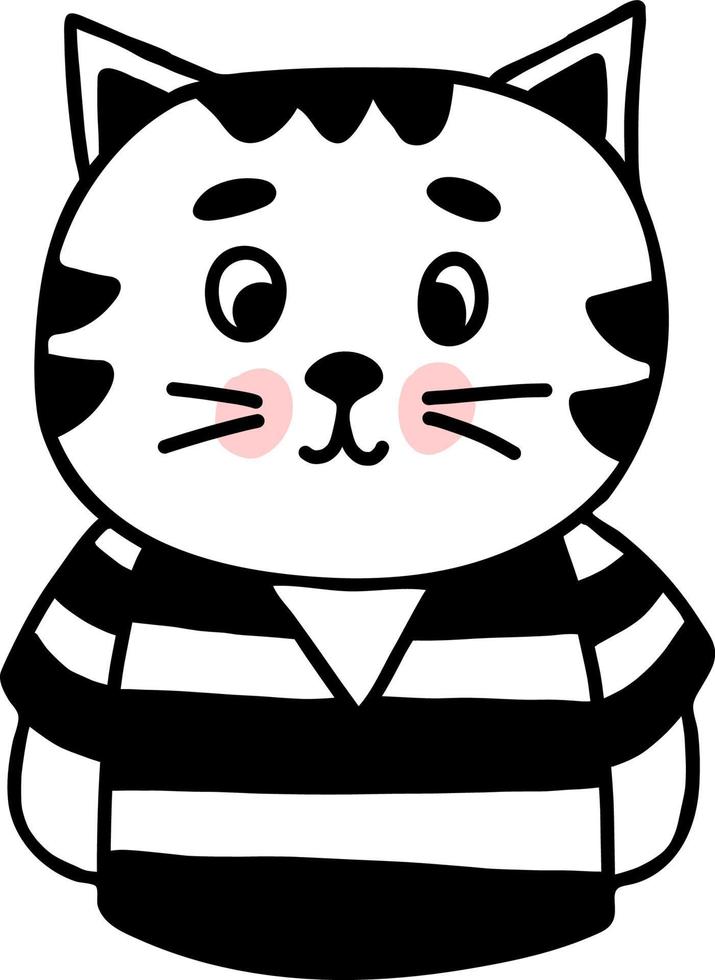Cat in striped T shirt. Vector illustration. Cat character Hand drawn linear doodle for design and decor