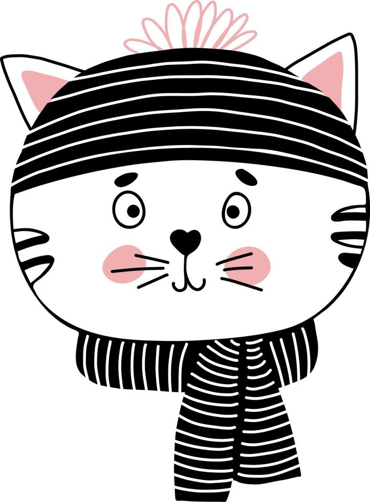 Cute cat in winter hat and scarf. Vector illustration. Cat character Hand drawn linear doodle for design and decor