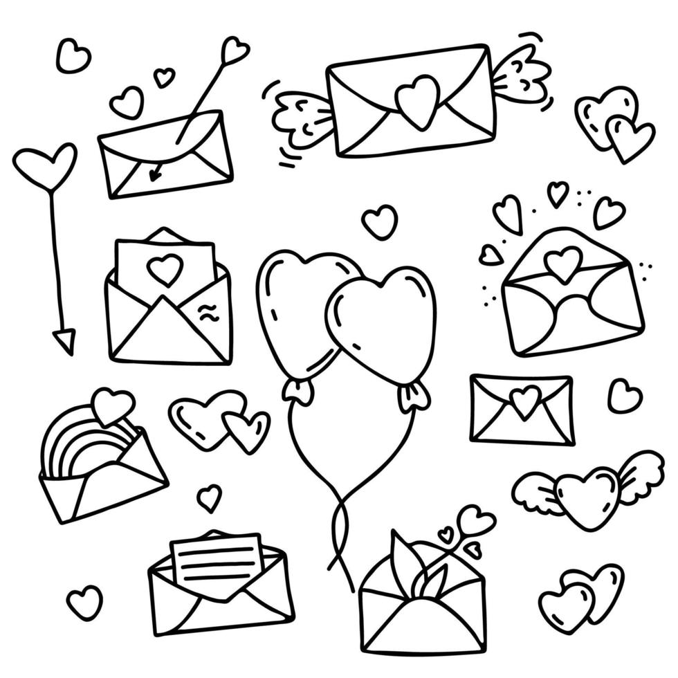 Set of linear hand drawings with love letters, envelopes, balloons and hearts, cupids arrow, letters with flowers and rainbow. Vector illustration. Isolated elements for valentines, design and decor