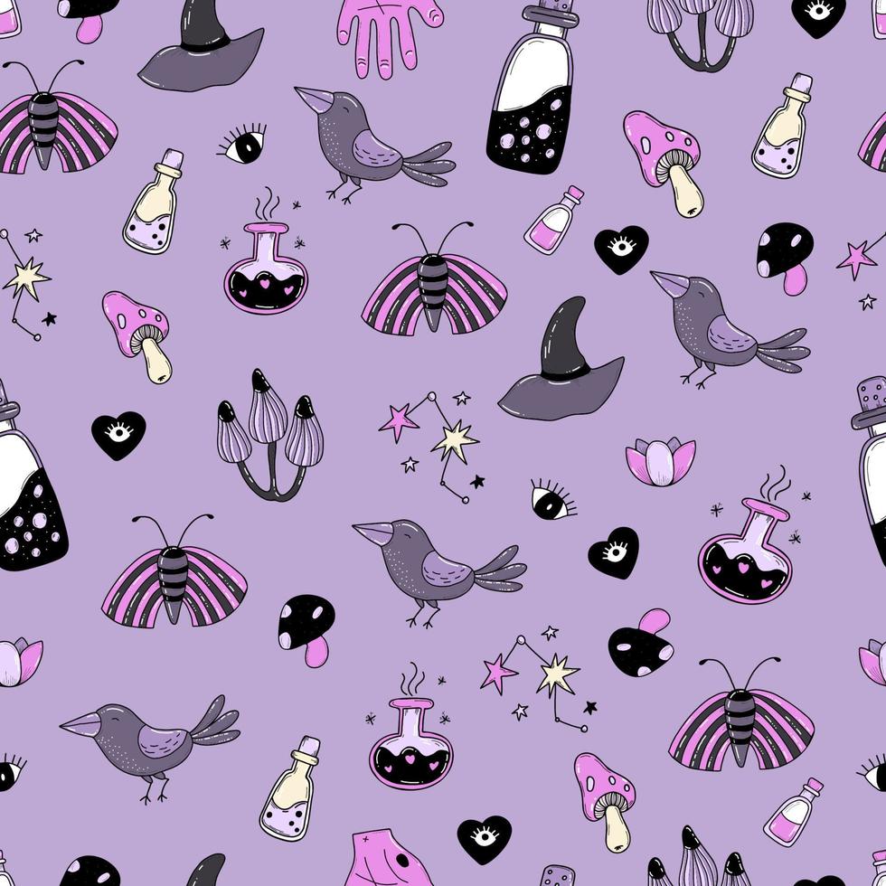 Magic seamless pattern. Witchcraft and witch amulets, magic potion and bottles, witchs eye and hat, snake and raven on purple background with magic bottles and mushrooms. Vector illustration