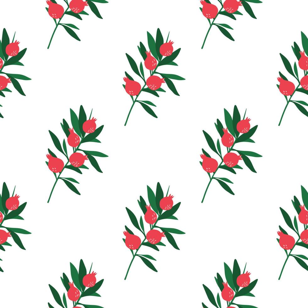 Geometrical pomegranate branch seamless pattern on white background. vector