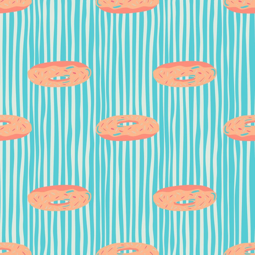 Light pink donuts seamless pattern. Bright summer food print with blue stripped background. Sweet background. vector