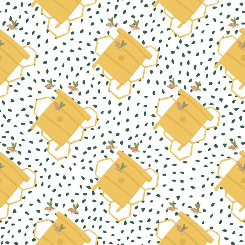 Yellow beehives silhouettes seamless pattern with bees. White dotted background. Stylized print. vector