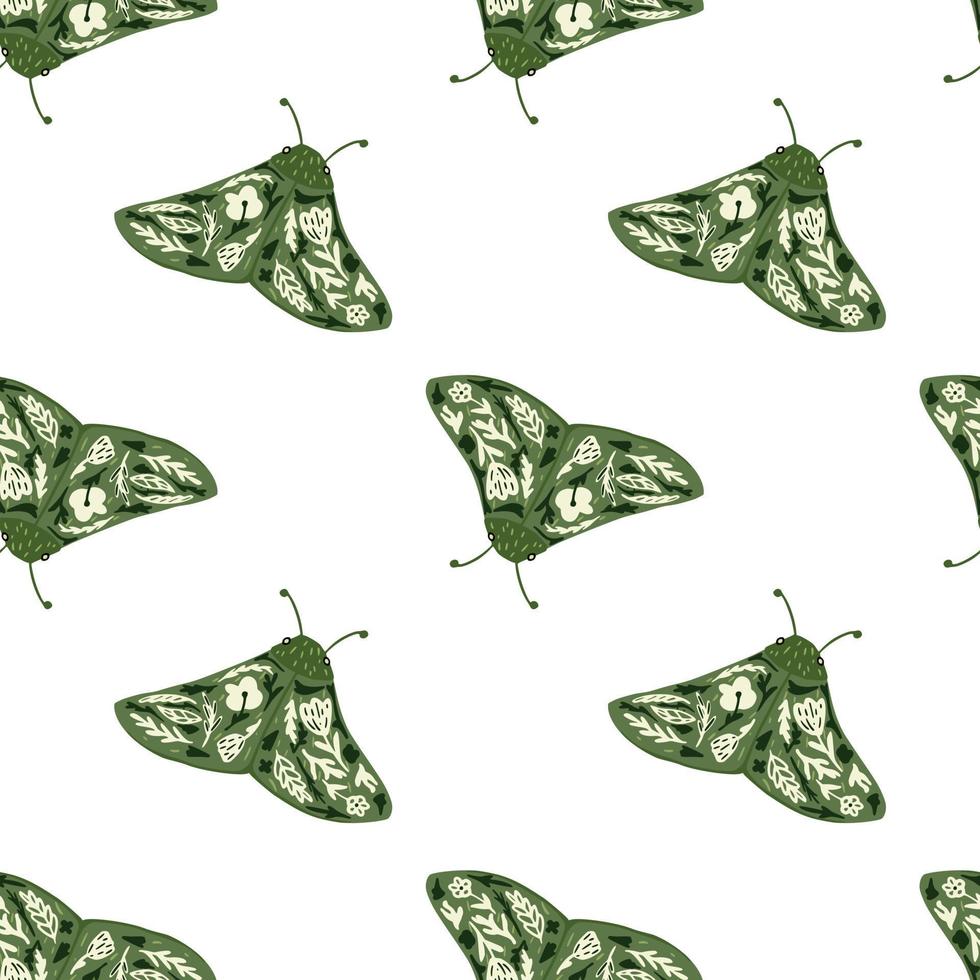 Green folk moles seamless hand drawn pattern. Stylized insect isolated ornament on white background. vector