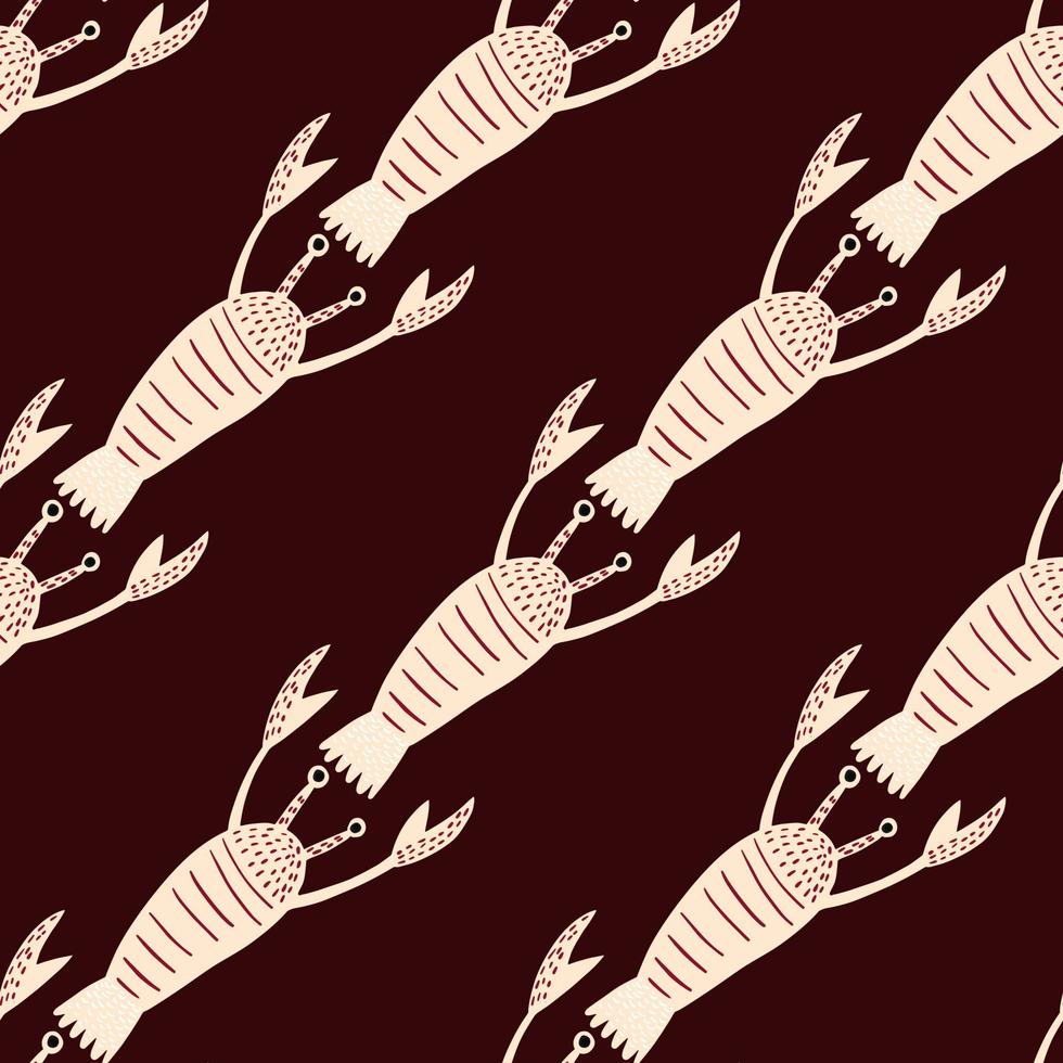 Seamless contrast pattern with light marine lobster ornament. Diagonal seafood shapes on dark brown background. vector