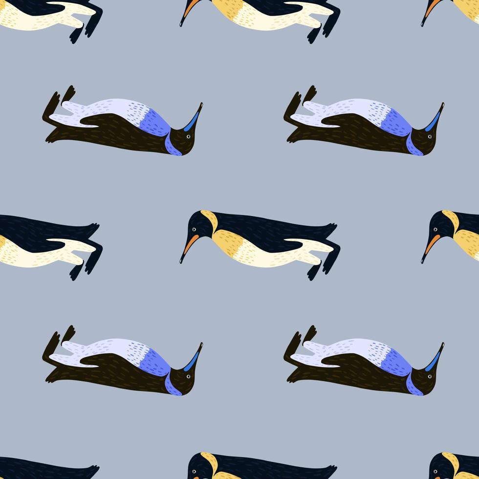 Childish cartoon seamless pattern with hand drawn penguins ornament print. Blue background. vector