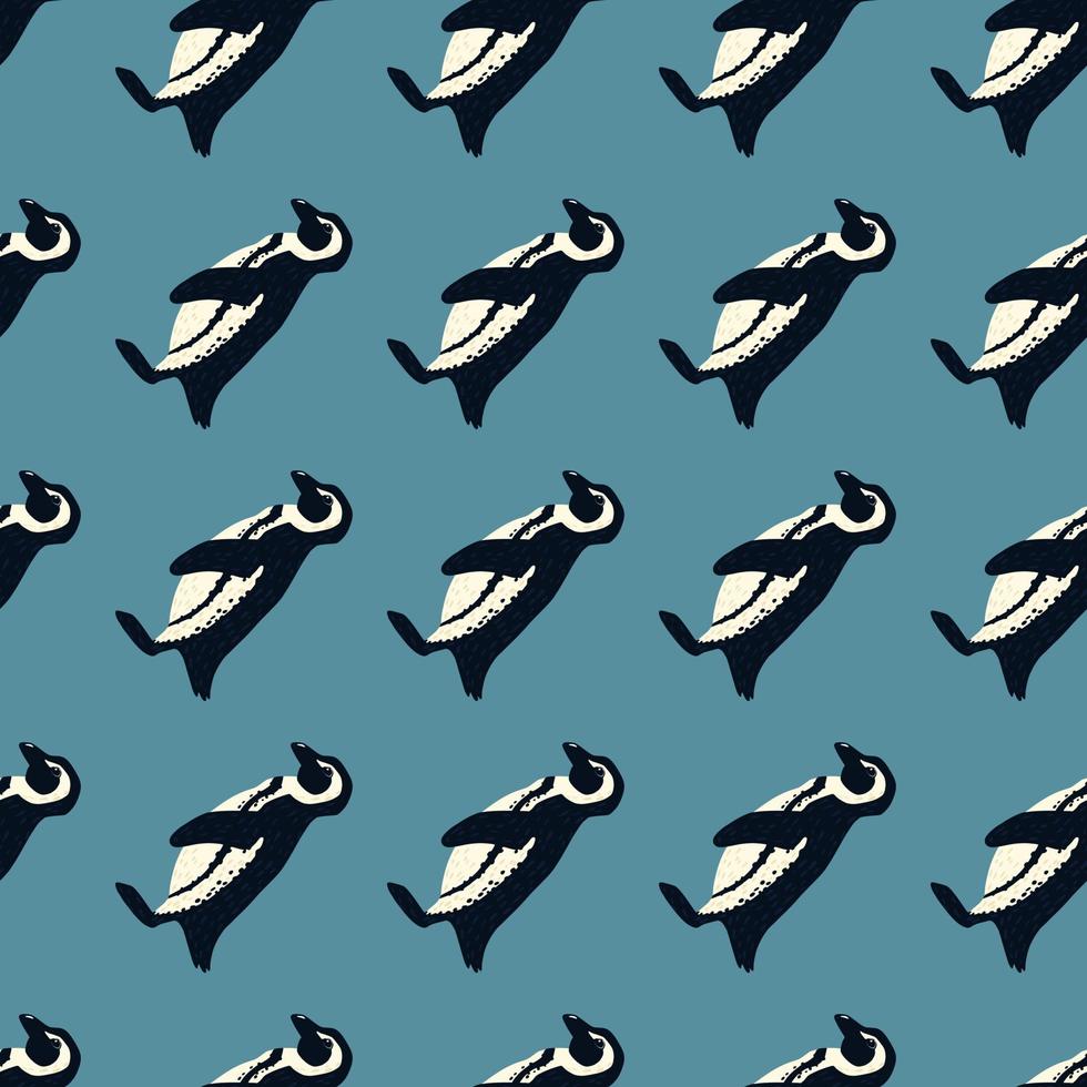 Decorative cute seamless pattern with hand drawn penguins silhouettes. Blue background. vector