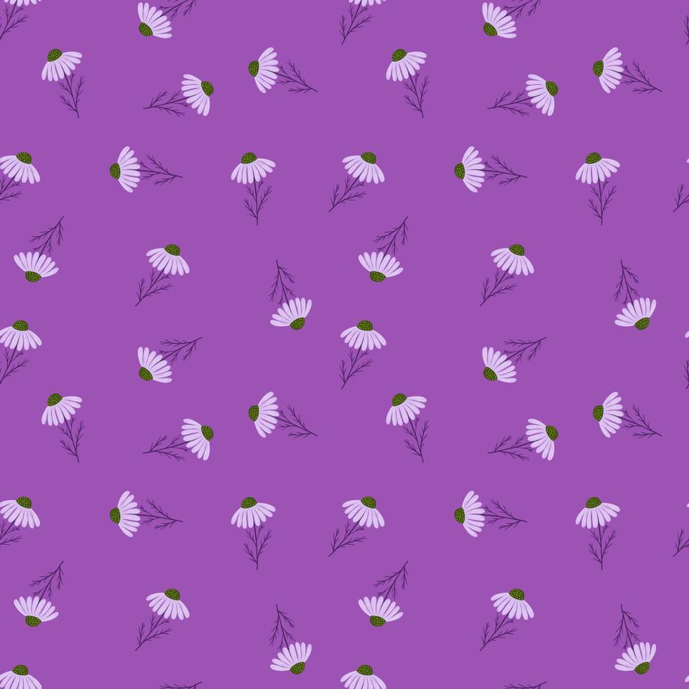 Hand drawn bloom seamless pattern with random little chamomile flowers shapes. Purple pastel background. vector