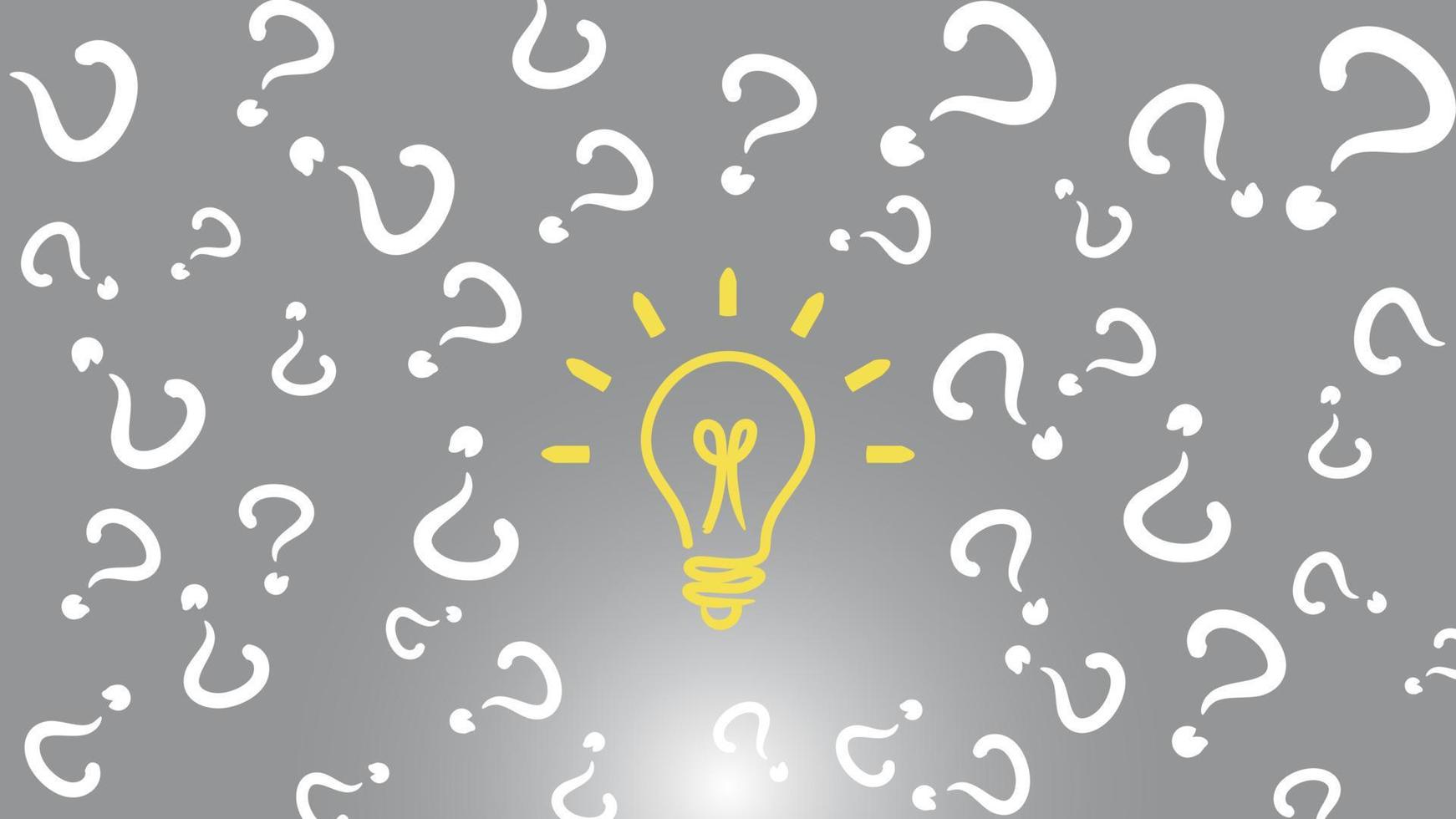 Vector illustration. Flat linear style. Problem solving concept. Idea bulb between question marks on gray background.