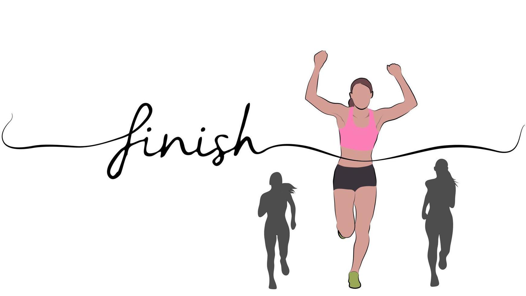 Winning female athlete crosses the finish line with finish letter. vector
