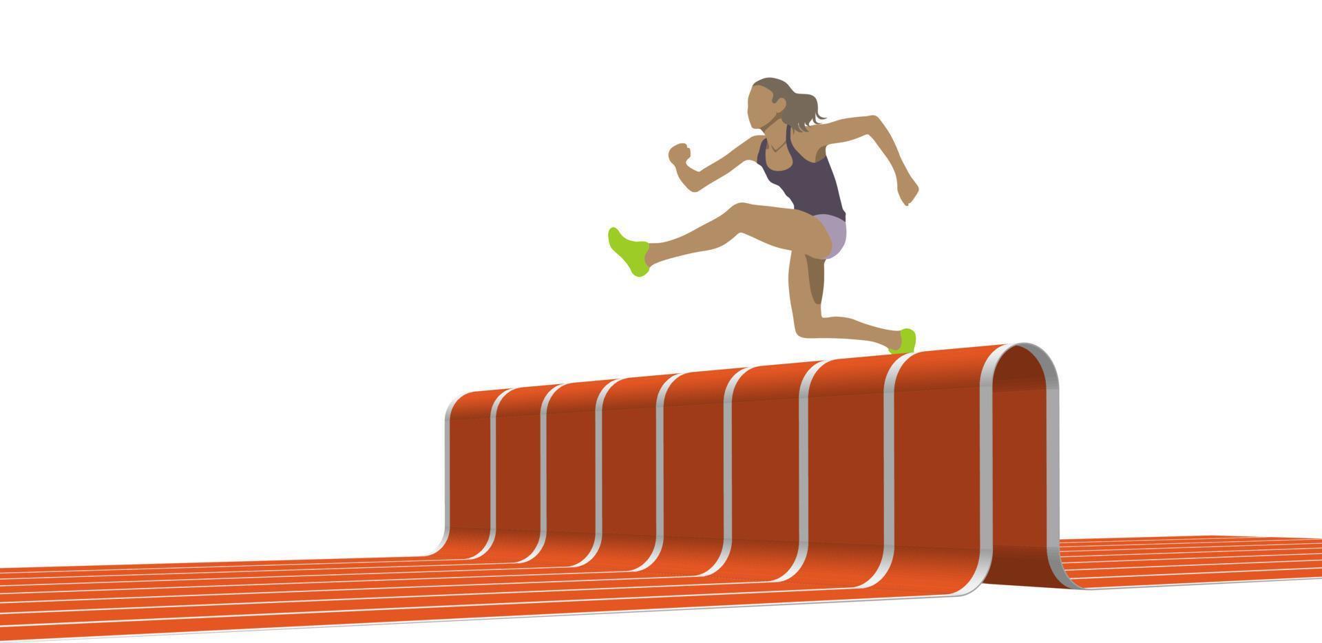 Female athlete jumping over an abstract hurdle of running track. vector