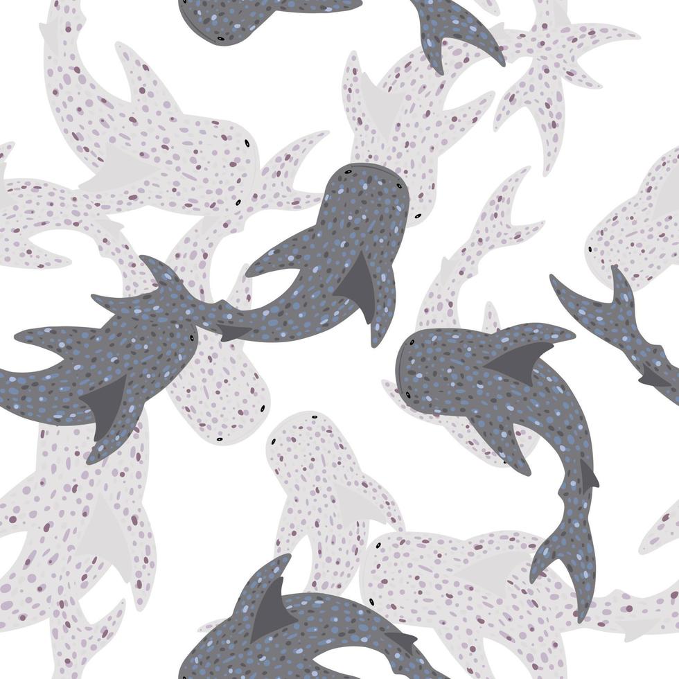 Whale sharks isolated silhouettes seamless pattern. PWhate background. Grey and blue water animals. vector